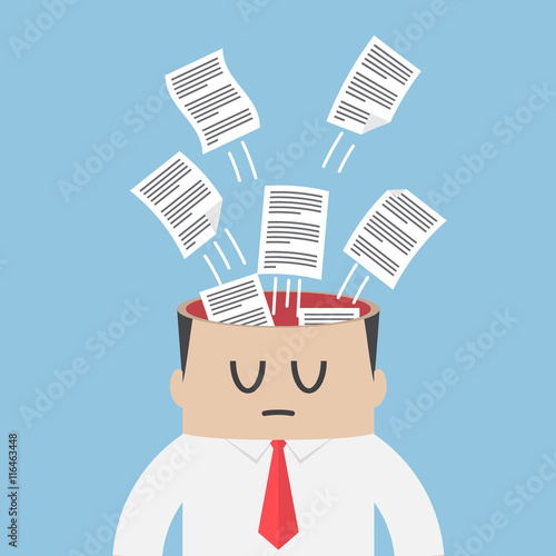 Data paper flying out from businessman head