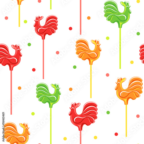 Candies lollipop rooster and confetti. Seamless pattern. 