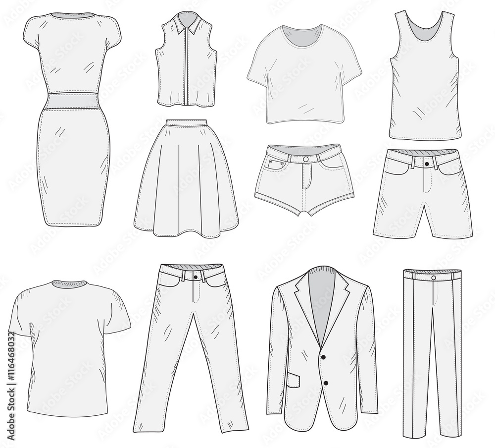 Men's and Women's Clothing set sketch. Clothes, hand-drawing, doodle style.  Clothes vector illustration. Stock Vector