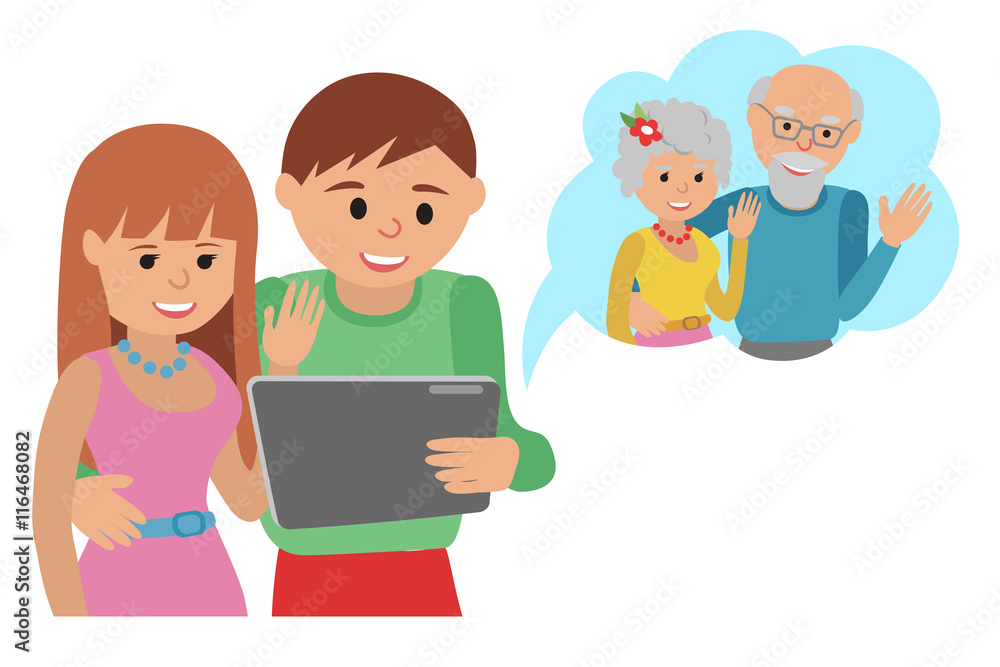 Family vector illustration flat style social media communications. Man woman couple parents make video call with tablet to their grandparents. Family vector illustration flat style social media communications. Man woman couple parents make video call with tablet to their grandparents.