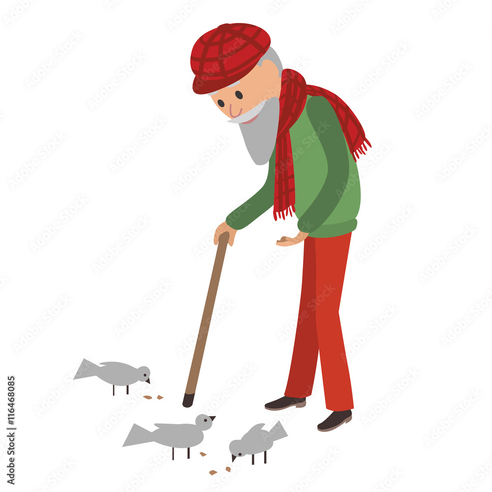 Elderly man feeding birds/\. Vector illustration on white background. Elderly man feeding birds/\. Vector illustration on white background.