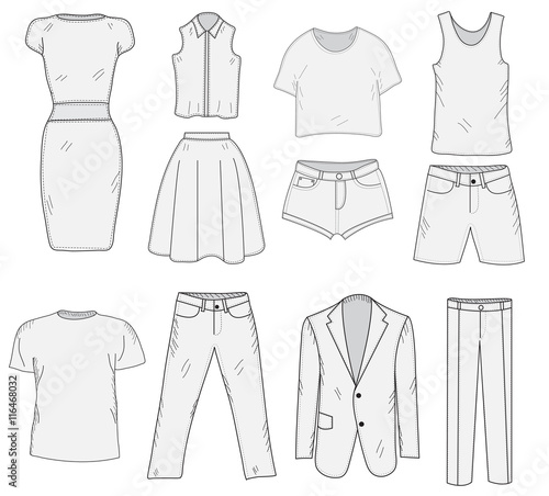 Vetor de Men's and Women's Clothing set sketch. Clothes, hand-drawing,  doodle style. Clothes vector illustration. do Stock