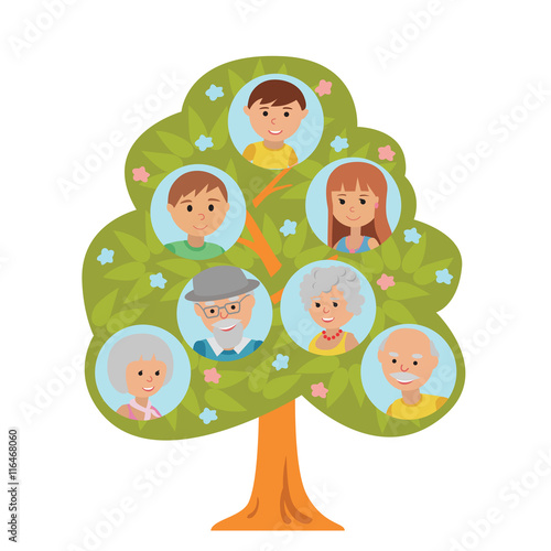 Cartoon generation family tree in flat style grandparents parents and child isolated on white background.
