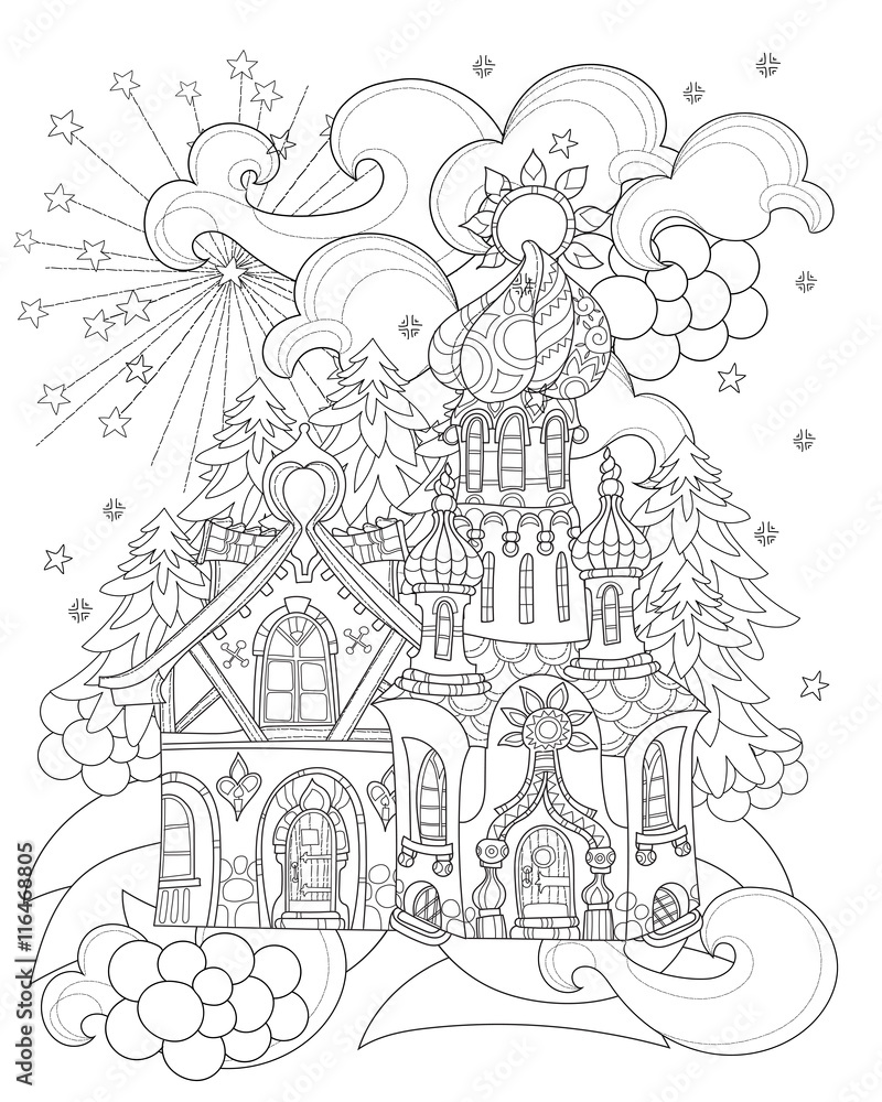 Naklejka premium Vector cute christmas fairy tale town doodle.