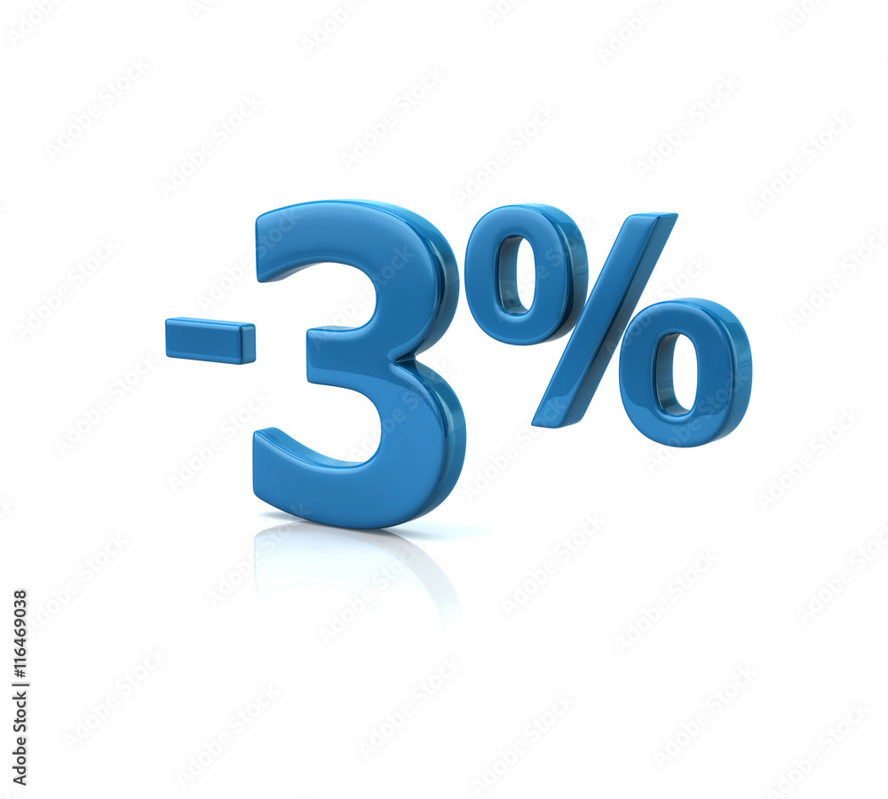 3d illustration of three percent discount in blue letters 3d illustration of three percent discount in blue letters