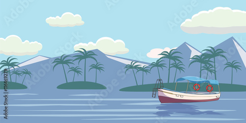 Fototapeta Naklejka Na Ścianę i Meble -  Tropical paradise. Turquoise ocean, island, palm trees, yacht, vector illustration.