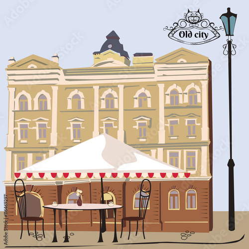 Vector illustration of street scene with cafe
