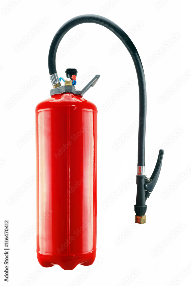 red fire extinguisher isolated  and its handle on white background