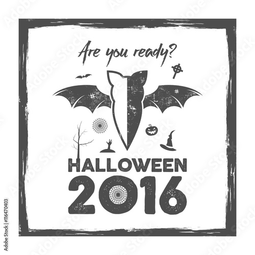 Happy Halloween 2016 Poster. Are you ready lettering and halloween holiday symbols - bat, pumpkin, hand, witch hat, spider web and other. Old banner, party flyer design. Vector illustration.