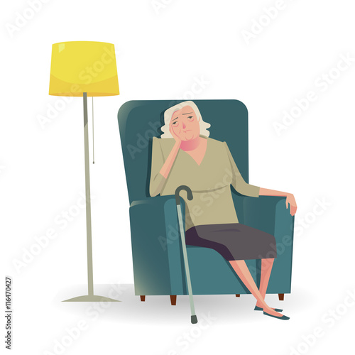 Sad senior woman with cane sitting on a sofa.Vector Illustration character of unhappy or sadly.