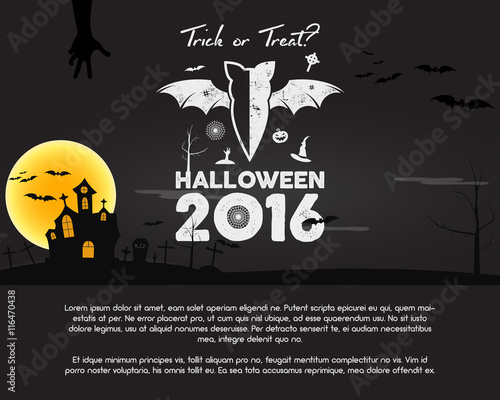 Happy Halloween 2016 Poster. Trick or treat letters and halloween holiday symbols - bat, pumpkin, hand, witch hat, spider web and other. Retro banner, party flyer design. Vector illustration