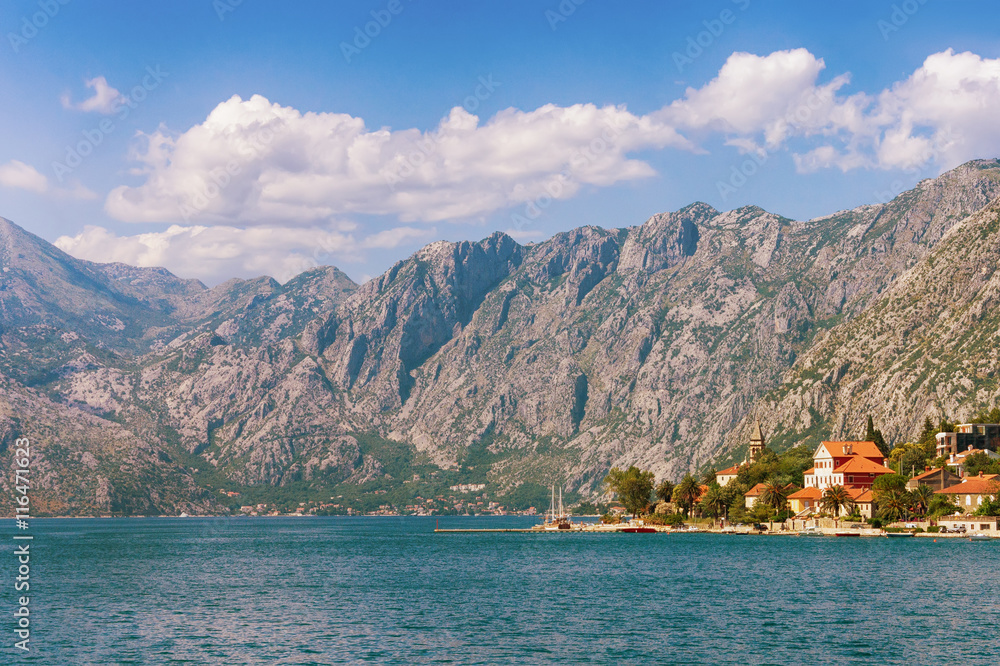 View of Bay of Kotor and  seaside Dobrota village.  Montenegro