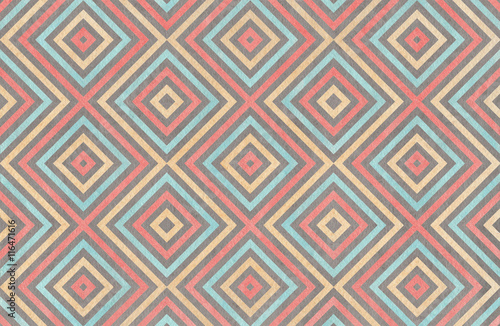 Geometrical pattern in coral, blue, beige and grey colors.