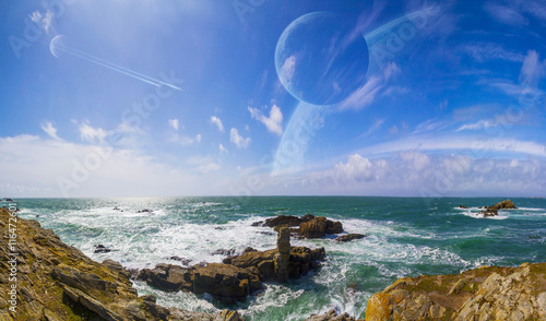 Fototapeta Naklejka Na Ścianę i Meble -  View of distant planet system from cliffs