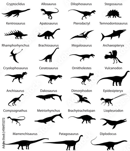 Collection of silhouettes animals of jurassic period of mesozoic era