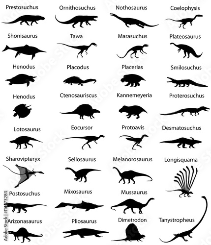 Collection of silhouettes animals of triassic period of mesozoic era 
