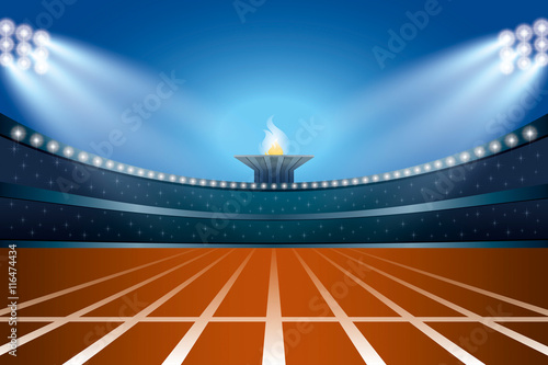 Athletics stadium with track at general front night view. Vector