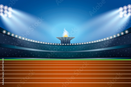 Athletics stadium with track at general front night view. Vector