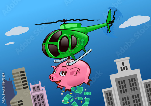 Helicopter throwing money over the city from a piggy bank. A solution for financial crisis