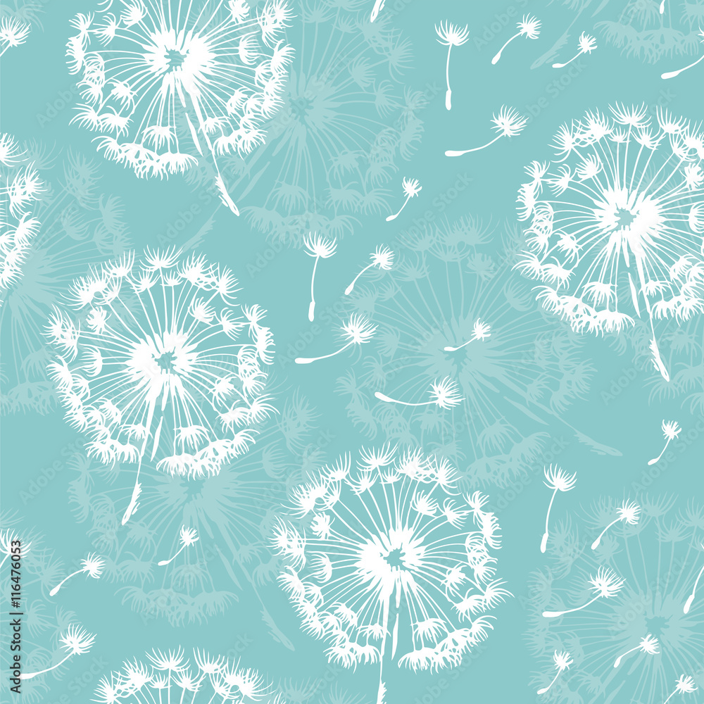 Obraz premium Bezszwowy dandelion wzór, wektorowa roślina i ziarno ilustracja