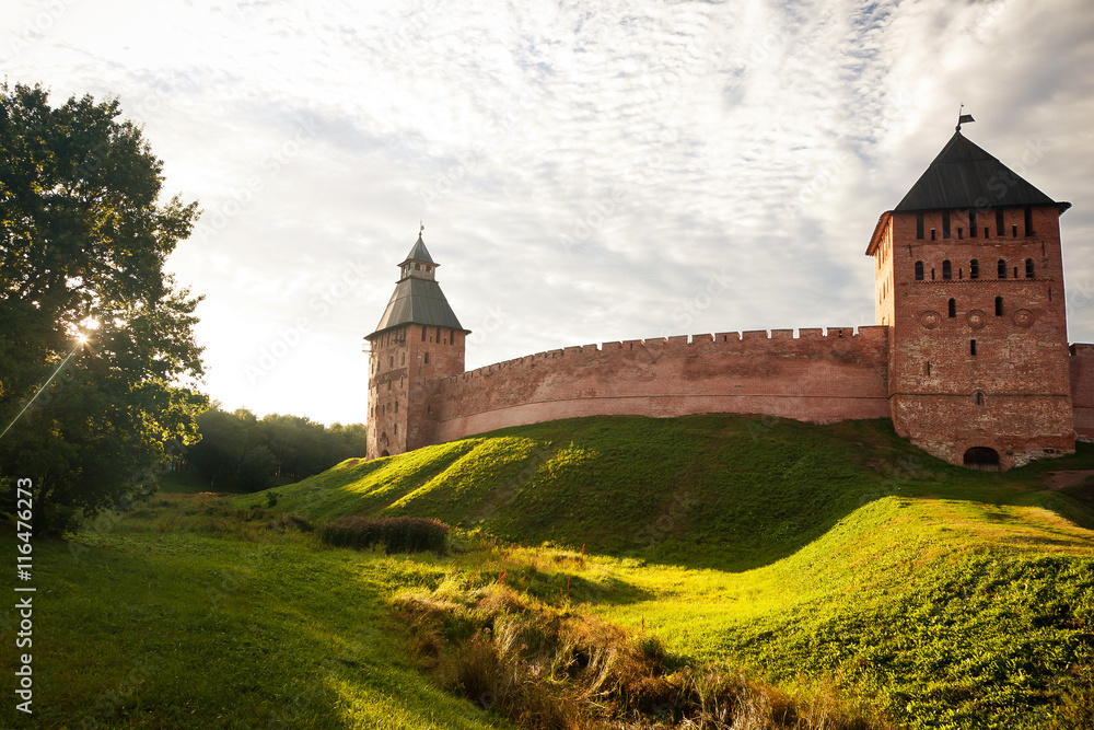 The red brick wall of kremlin of Great Novgorod
