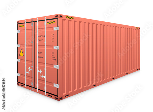 Cargo container vector isolated on white background. Metal box or equipment for storage at dock, port, warehouse. Freight transport by ship, crane, trailer truck for shipping, import export business.