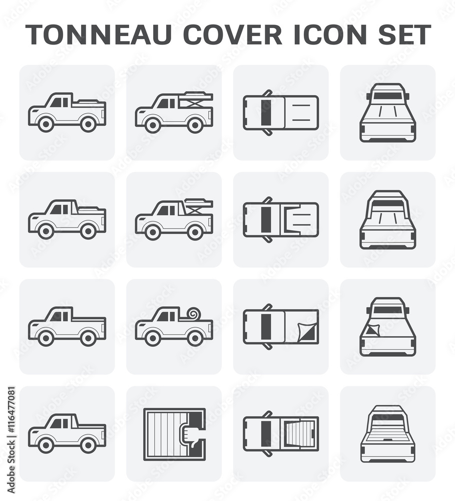Pick up truck in top, side and rear view vector icon. Include rack, roll bar, tonneau, tray or bed cover both soft and hard i.e. lid, canvas and shutter. Accessories for close, open, load, carry. Pick up truck in top, side and rear view vector icon. Include rack, roll bar, tonneau, tray or bed cover both soft and hard i.e. lid, canvas and shutter. Accessories for close, open, load, carry.
