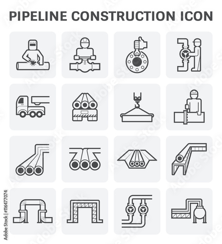 Pipeline construction, maintenance and repair vector icon. By crane, worker, welder and welding work. For transportation or supply crude oil, natural gas, gasoline or petroleum in industrial plant.