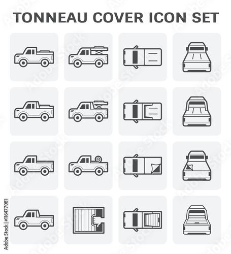 Pick up truck in top, side and rear view vector icon. Include rack, roll bar, tonneau, tray or bed cover both soft and hard i.e. lid, canvas and shutter. Accessories for close, open, load, carry.