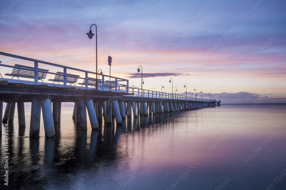 Seascape,sunset,wooden pier on the Baltic Sea, Gdynia Orłowo, Poland

