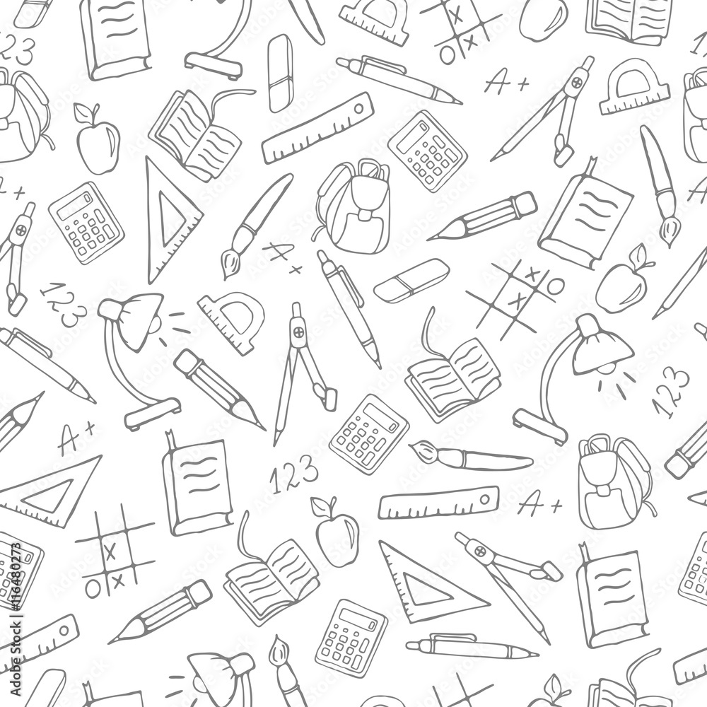 Seamless pattern on the theme of the school, a simple hand-drawn contour  icons on white background Stock Vector | Adobe Stock