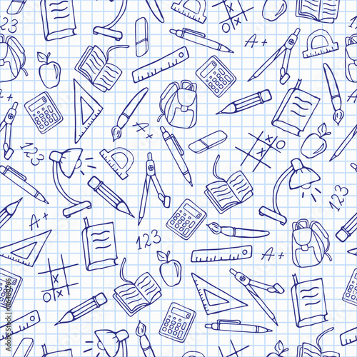 Fototapeta Naklejka Na Ścianę i Meble -  Seamless pattern on the theme of the school, a simple hand-drawn contour icons on the notebook sheet in a cage