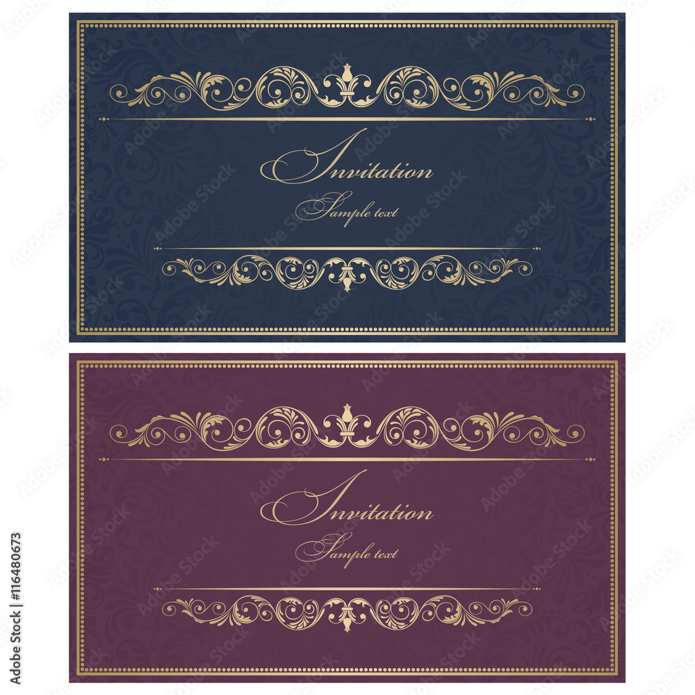 Wedding Invitation cards in an old-style blue, vinous and gold