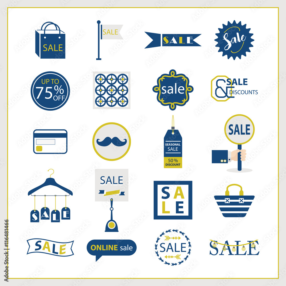 Obraz premium Blue and golden SALE and shopping icons set