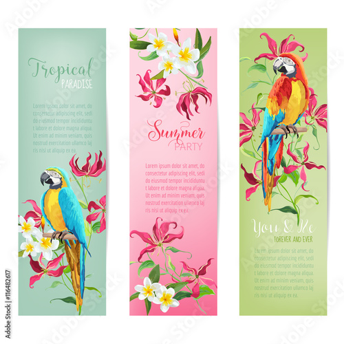 Tropical Flowers and Parrot Birds Banners and Tags - Vintage Cards