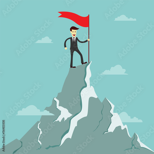 Success businessman stand on the top of the mountain with red fl