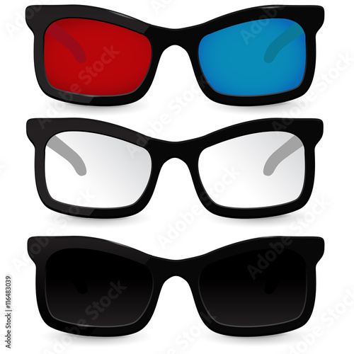 Set of glasses. Eyeglasses, sunglasses, 3D glasses for cinema