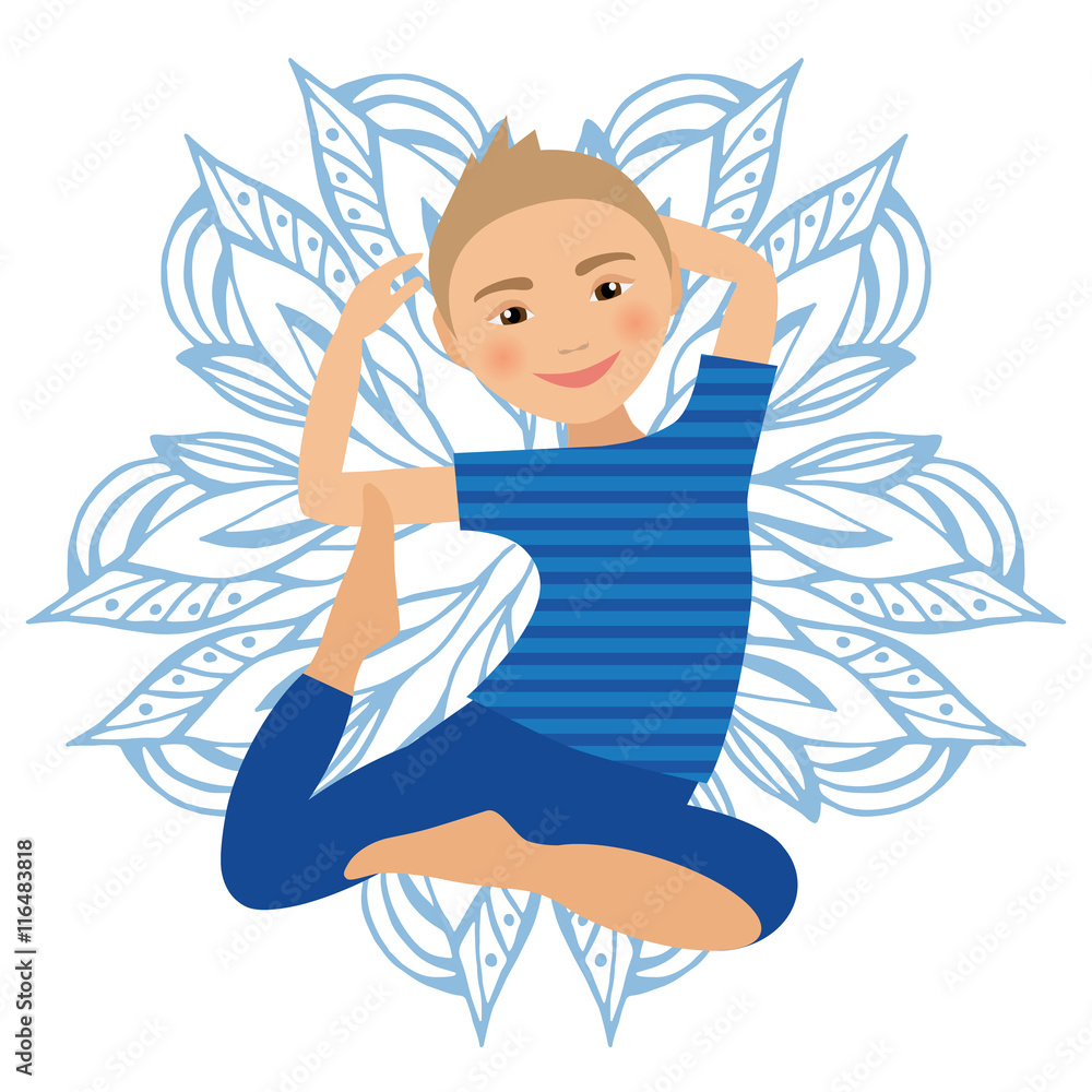 Kids Yoga Pose Vector Illustration. Child doing exercises. Posture for Kid. Healthy Children Lifestyle. Babies gymnastics. Sports Boy on White Background. Oriental Meditation Relaxation. Mandala