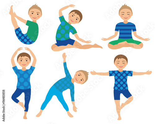 Kids Yoga Poses Vector Illustration. Child doing exercises. Posture for Kid. Healthy Children Lifestyle. Babies gymnastics. Sports Boys on White Background. Oriental Meditation and Relaxation.