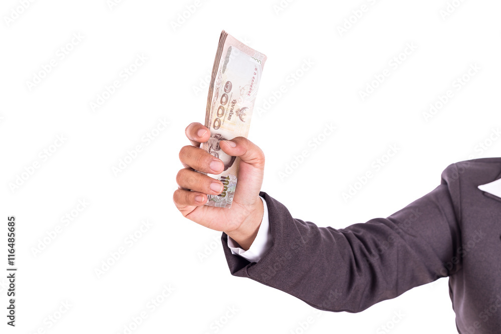 Close up Thai businesswoman holding money isolated on white