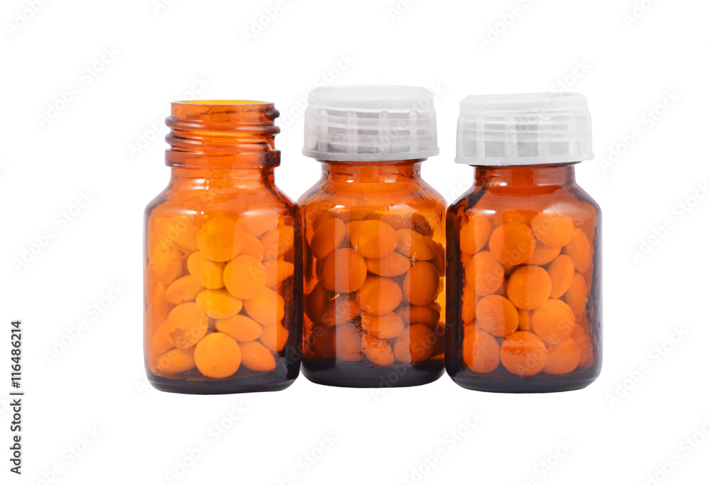 Pills in retro bottle, isolated on white background Pills in retro bottle, isolated on white background