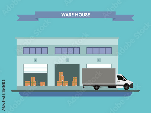 Truck on the background of the warehouse with the goods. Vector illustration