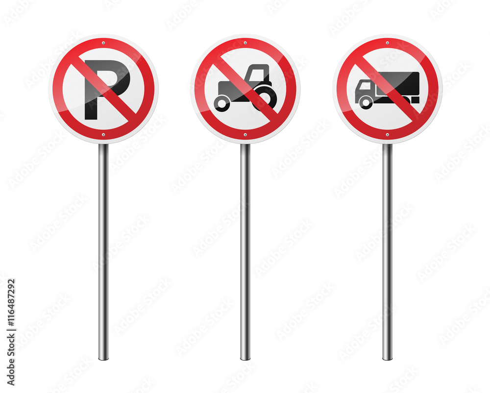 Set of 3 circular prohibitory road signs, isolated on white background. EPS10 vector illustration. Set of 3 circular prohibitory road signs, isolated on white background. EPS10 vector illustration.