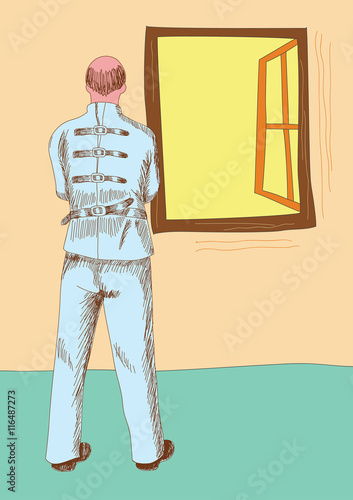 Mentally ill man wearing strait jacket