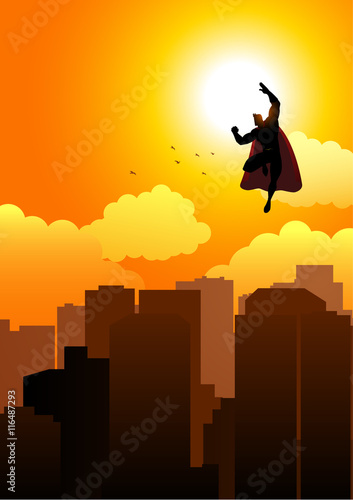 Cartoon silhouette of a superhero flying on cityscape