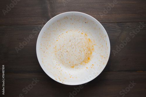 An empty plate, dirty after the meal is finished
