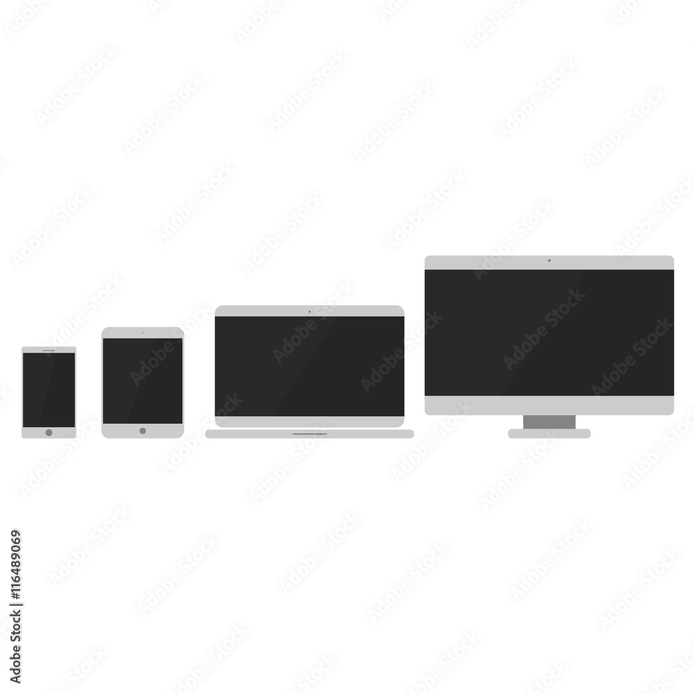 Device Icons: smartphone, tablet, laptop and desktop computer. Flat design