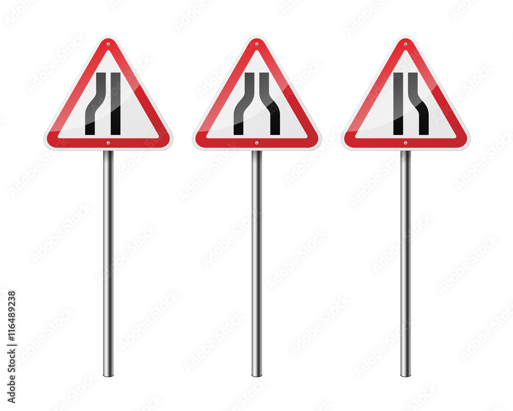 Set of 3 triangular road signs, isolated on white background. EPS10 vector illustration. Set of 3 triangular road signs, isolated on white background. EPS10 vector illustration.
