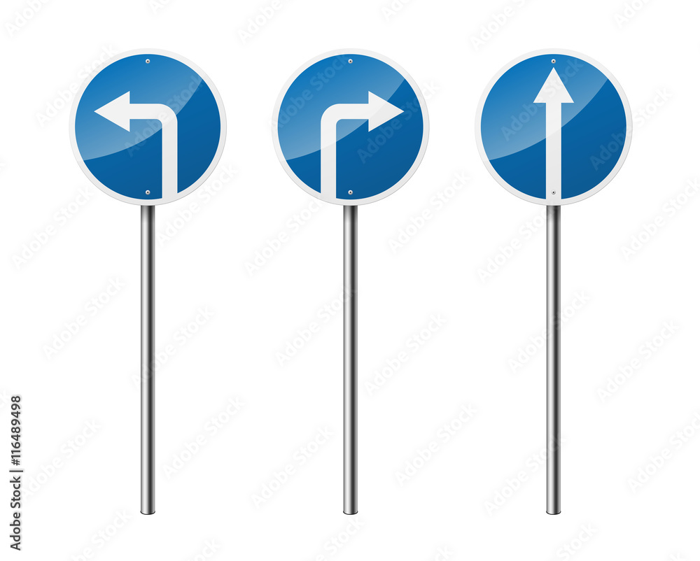 Set of 3 circular road signs, isolated on white background. Pointer. EPS10 vector illustration.