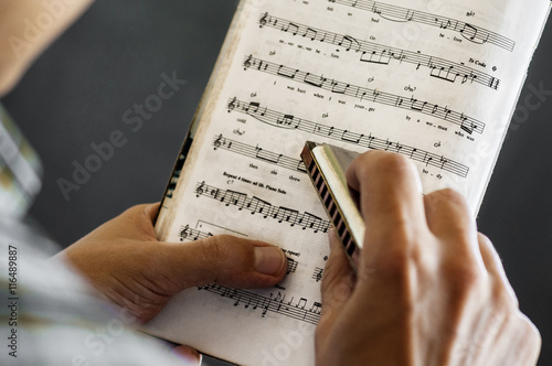 Musician takes lessons harmonica